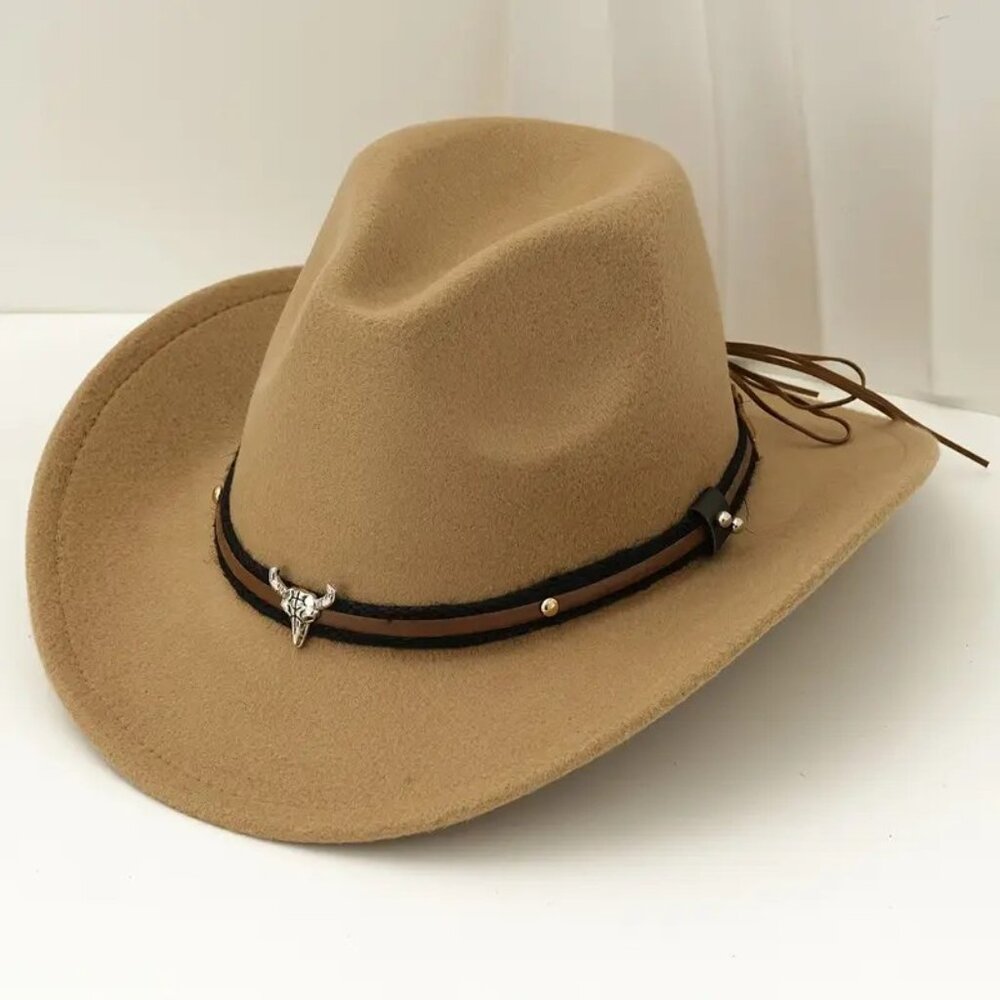 Classic Tan Western Wool Felt Cowboy Hat with Decorative Band